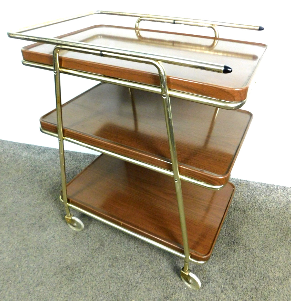 Atomic Retro MCM 3 Tier Rolling Bar Cart w TV Trays Brass Brown Cosco 1960s
