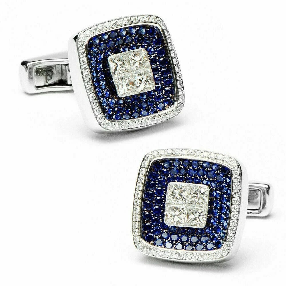 14K White Gold Plated 2Ct Round Cut Lab Created Sapphire Men’s Wedding Cufflink