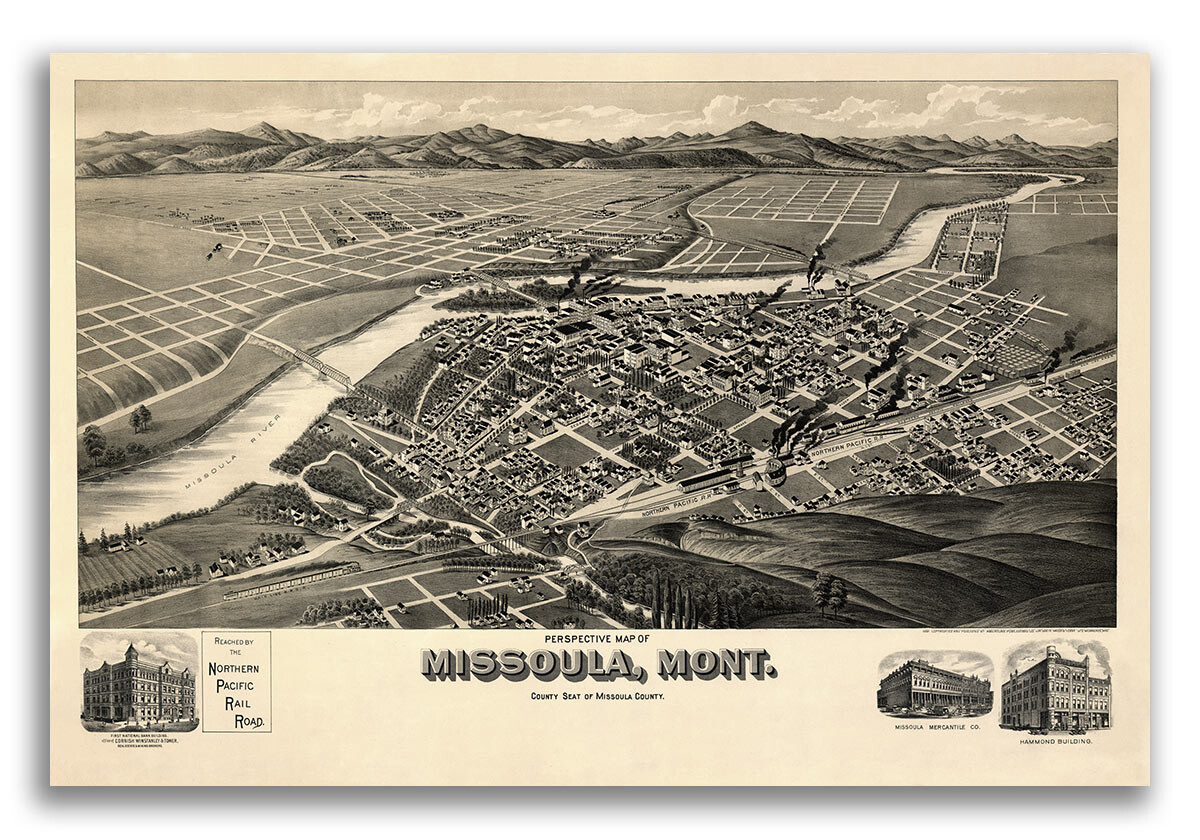 Bird’s Eye View 1891 Missoula Montana Vintage Style City Map – 16×24