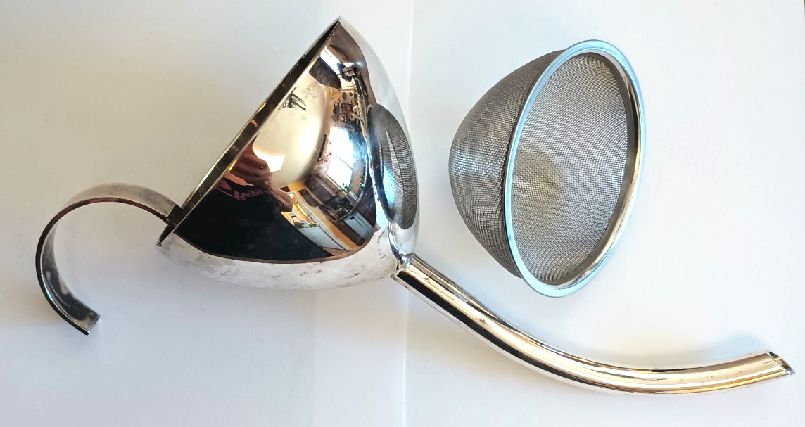Wine Funnel Silver Plate Curved Spout with Mesh Strainer Vintage