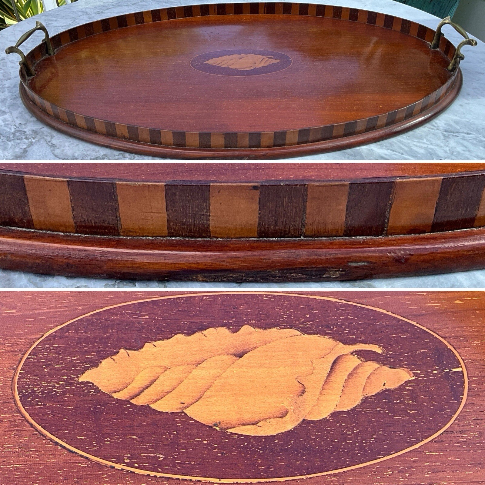 Rare LARGE ANTIQUE 22” OVAL BUTLERS SERVING TRAY HARDWOOD MARQUETRY INLAY C1820