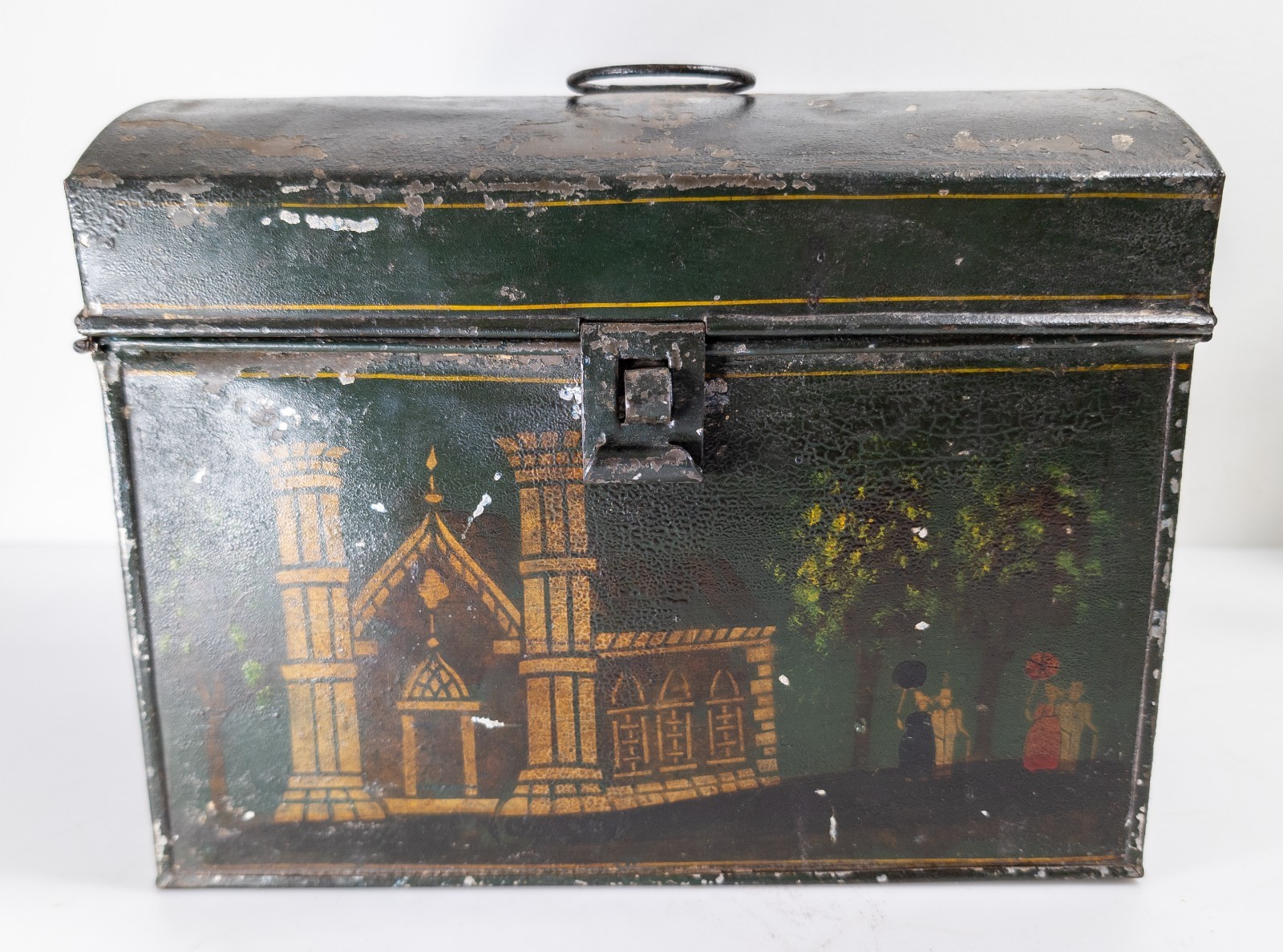 Antique American Primitive Rustic Toleware Dometop Document Box Church Figures