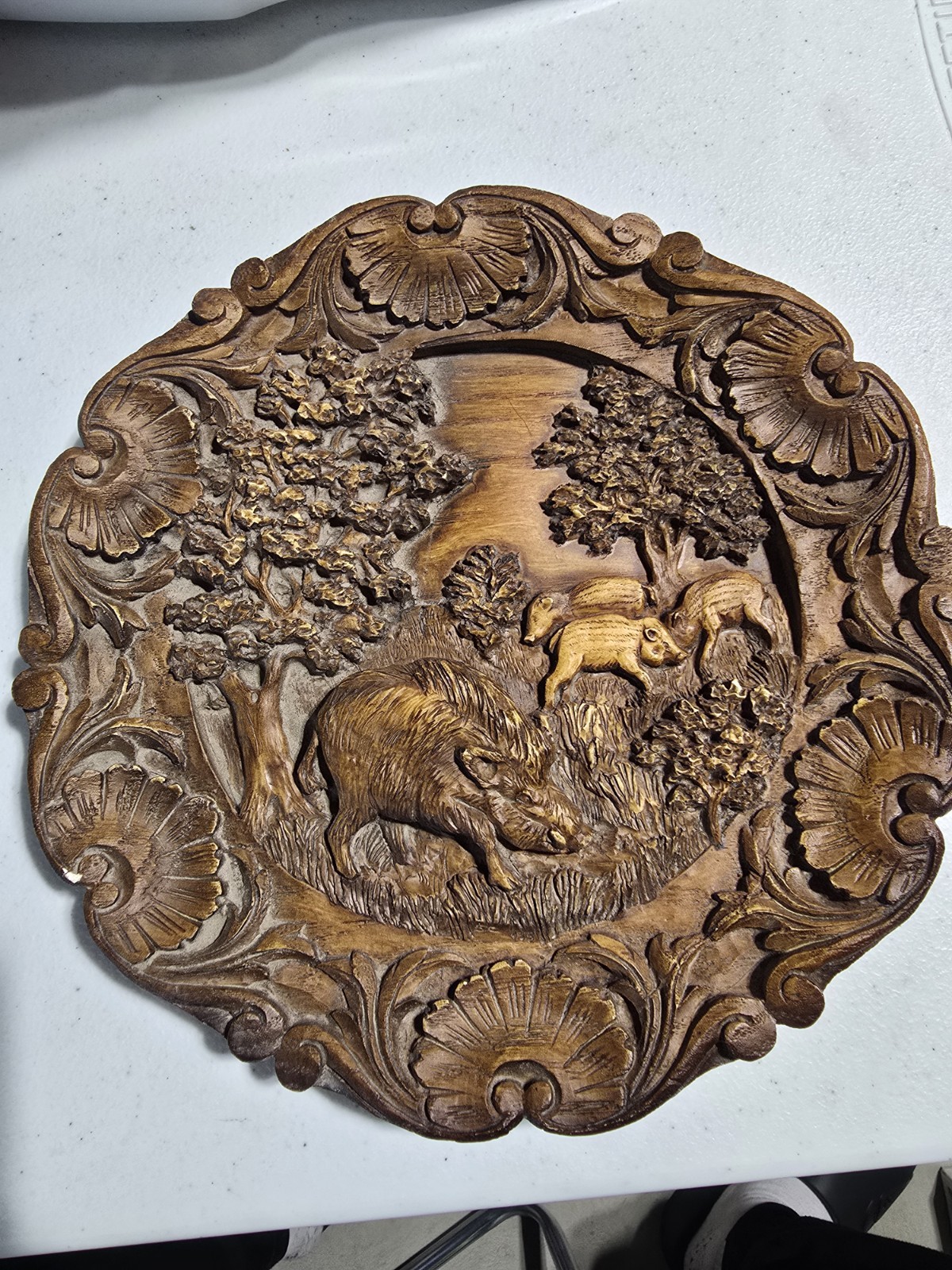 Hand Carved Wood Wall Plaque Wild Boar Forest Scene Black Forest Style 10″ DE08