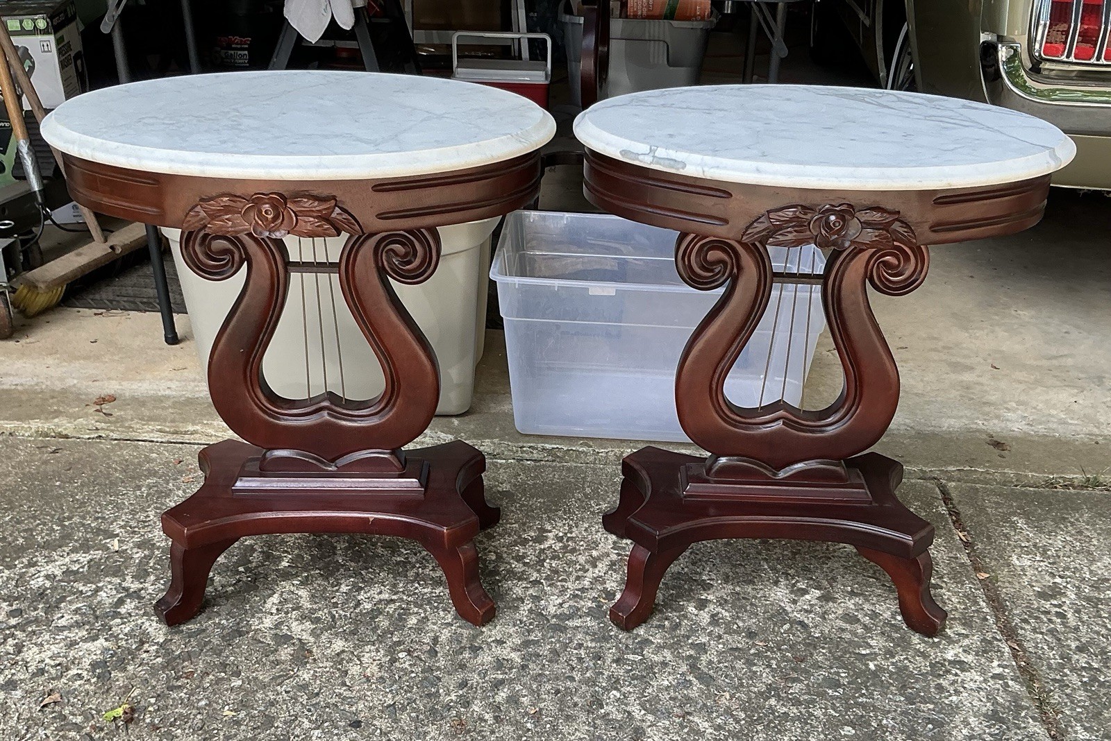 Vintage Estate Pair of Mahogany Marble LYRE Victorian Style Side Tables