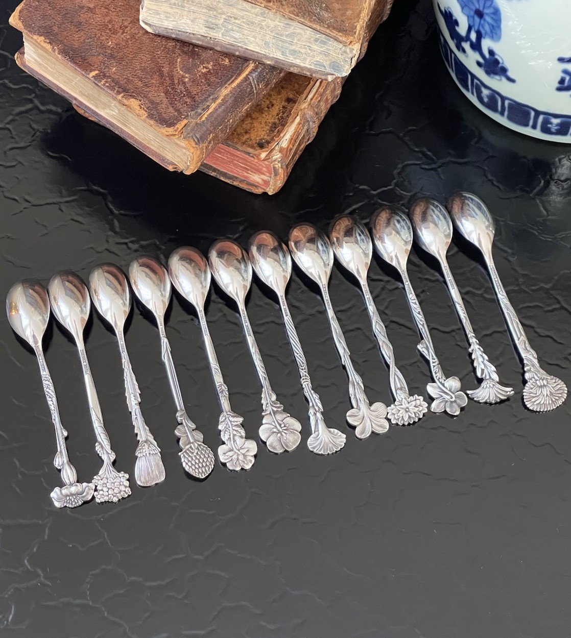 Rare Set 12 Tiffany & Co Sterling Silver Floral Demitasse Spoons American c1895