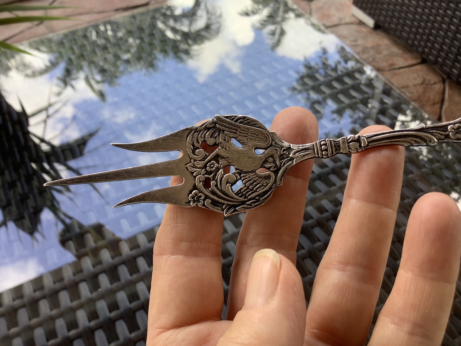 ELABORATE SILVER PICKLE FORK MADE IN HOLLAND 6 3/4”
