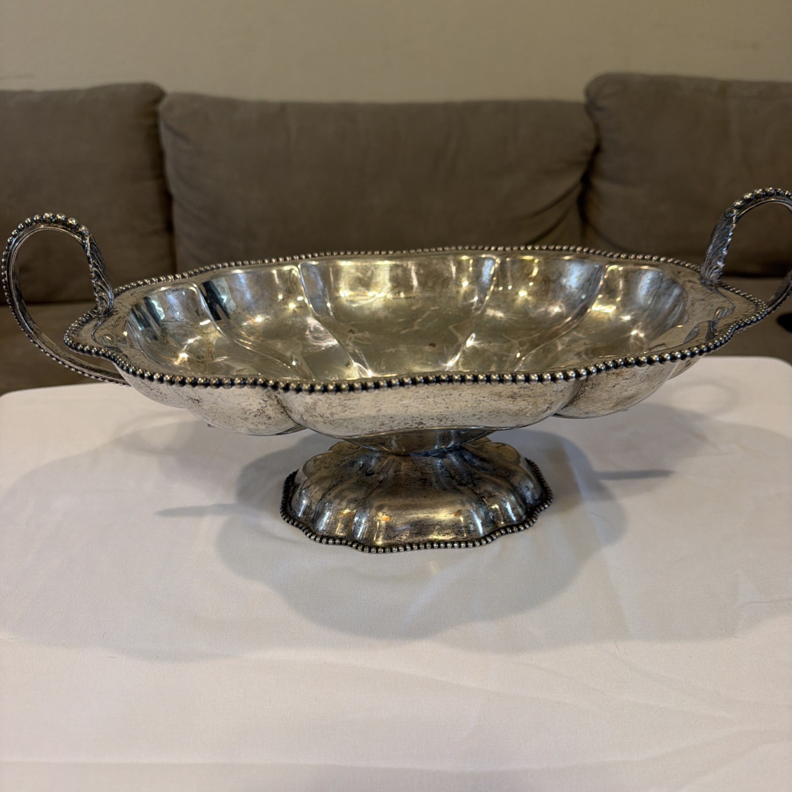 Vintage Silver on Copper Bowl with handles scalloped