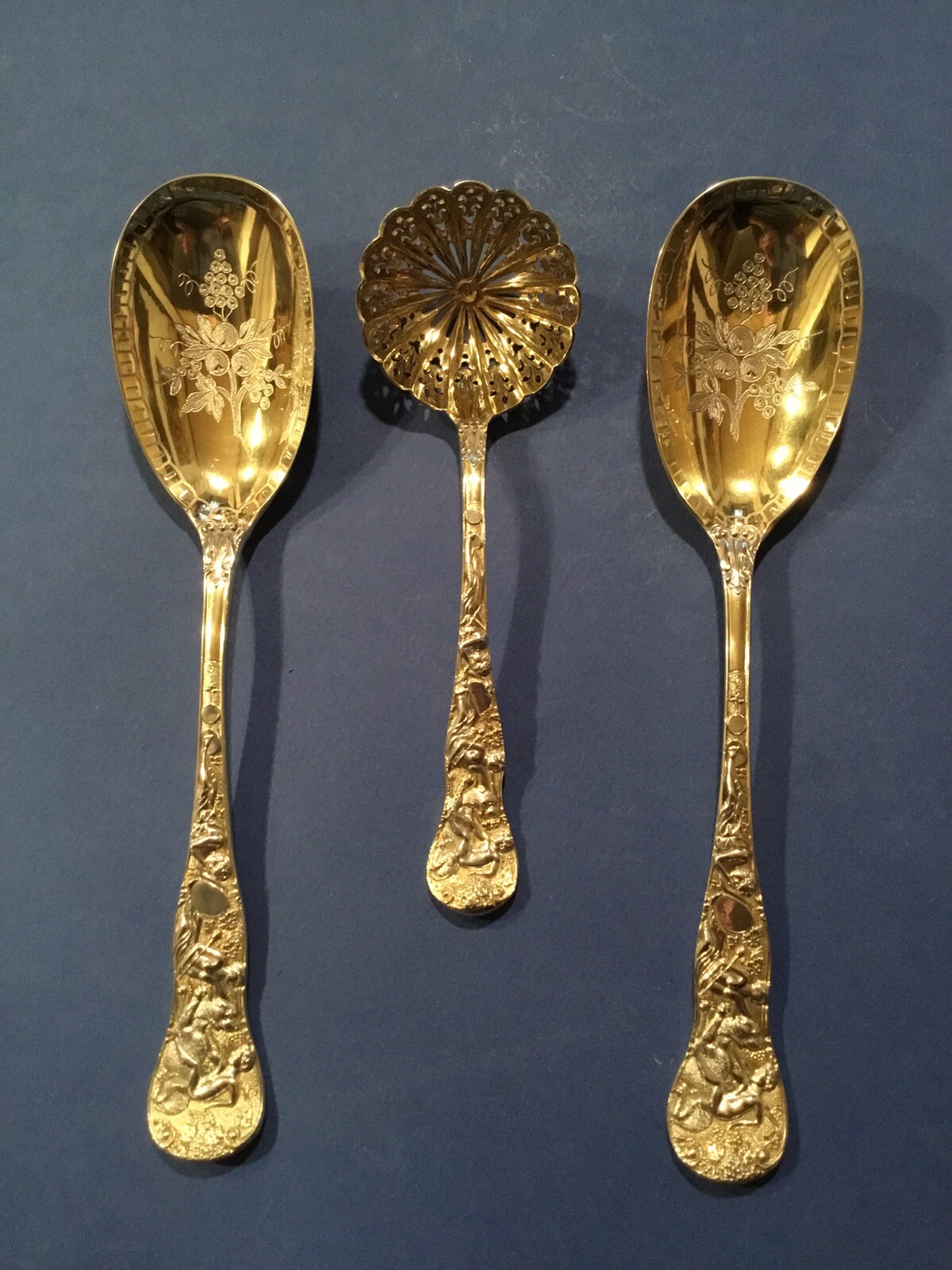 BACCHANALIAN – GILT- STERLING – THREE (3) PIECE – BERRY SET – 1869-1870 LONDON