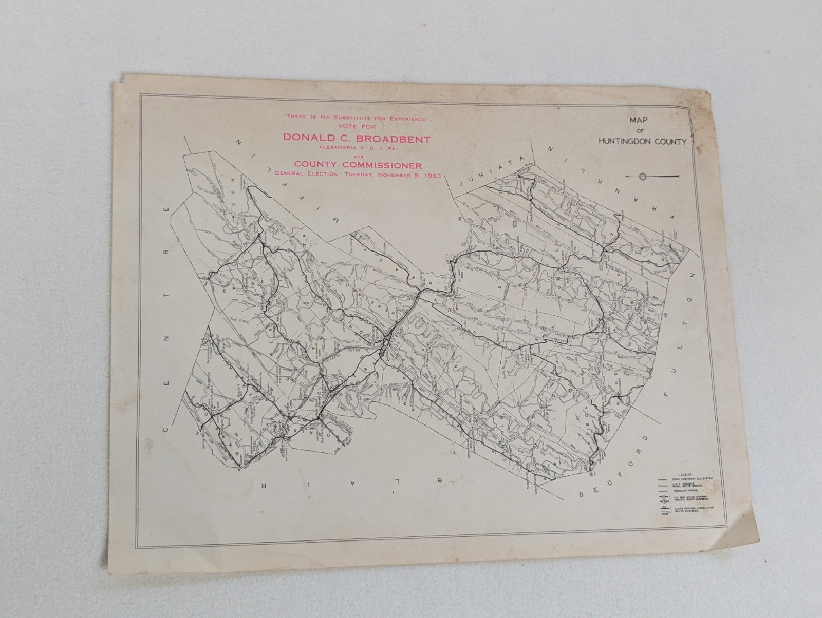 1963 Map Huntingdon Pennsylvania Vote for Donald Broadbent County Commissioner