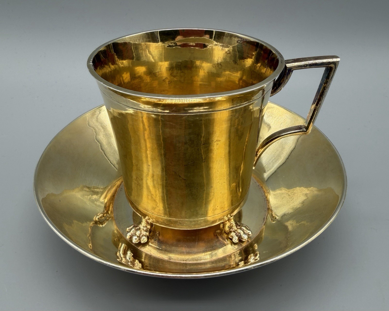 German Empire Style Silver Gilt Vermeil Tea Cup and Saucer, 254 grams