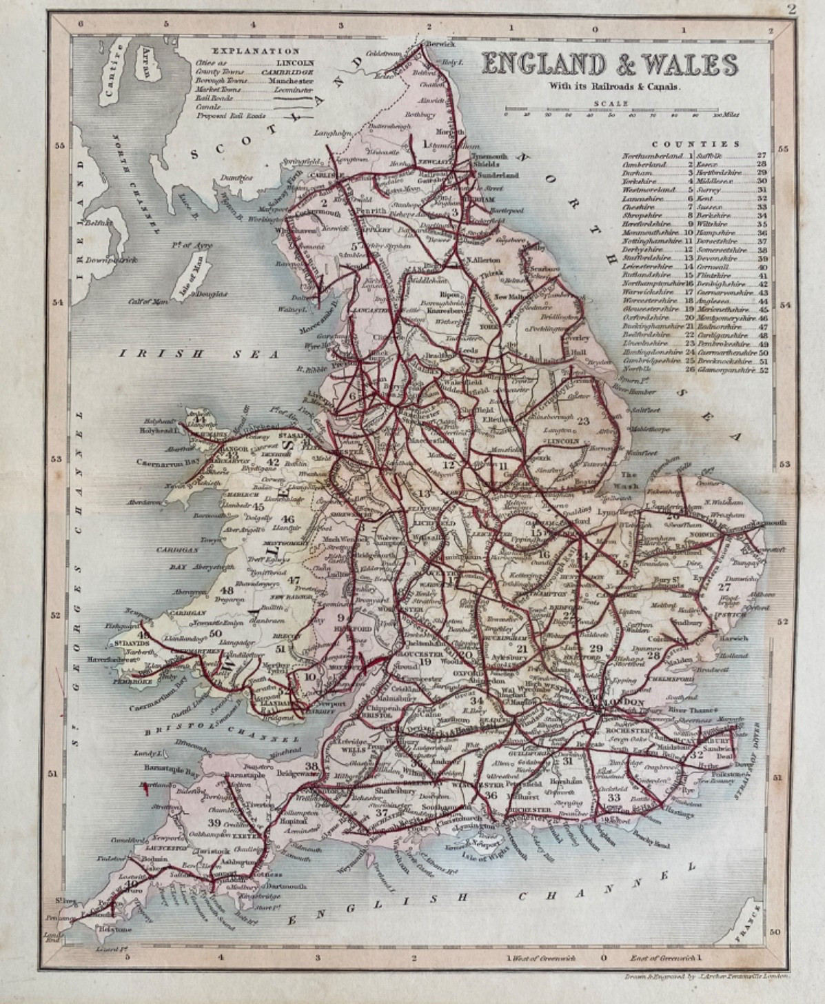 1850 Genuine Antique Map; England & Wales by Joshua Archer