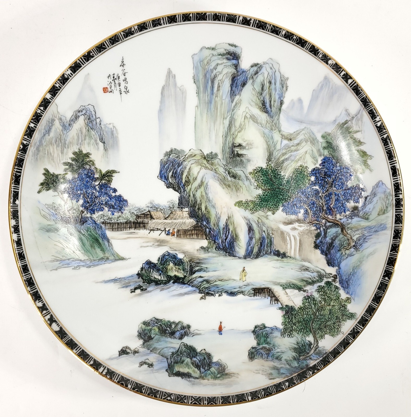Chinese Signed Porcelain Plate Charger Hand Painted Landscape Republic Era