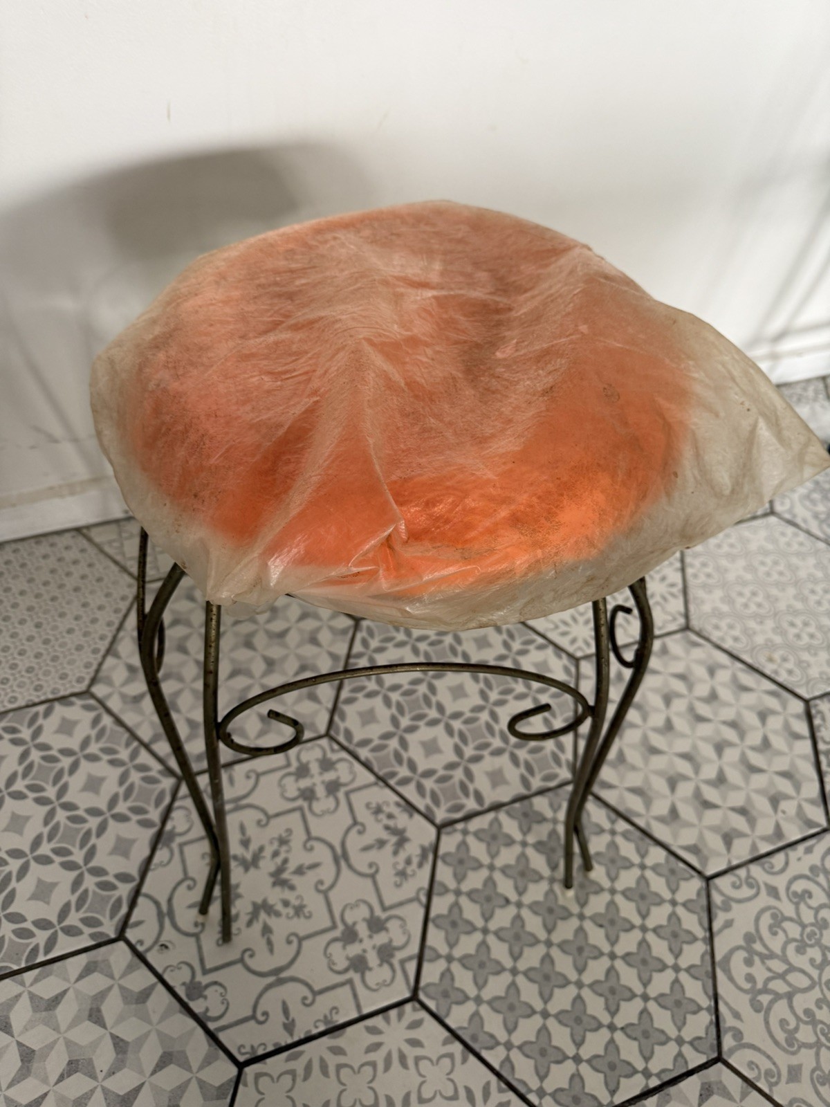 Hollywood Regency Gold tone Vanity Stool orange faux fur mid 1970s NOS Unopened