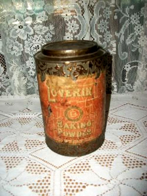 VICTORIAN ANTIQUE BAKING POWDER EMBOSSED TIN ORNATE LOVERIN AND BROWNE LARGE