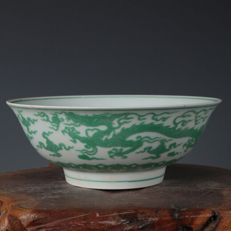 7.5″ Collect Chinese Ming Porcelain Green Glaze 12 Zodiac Animal Dragon Bowl