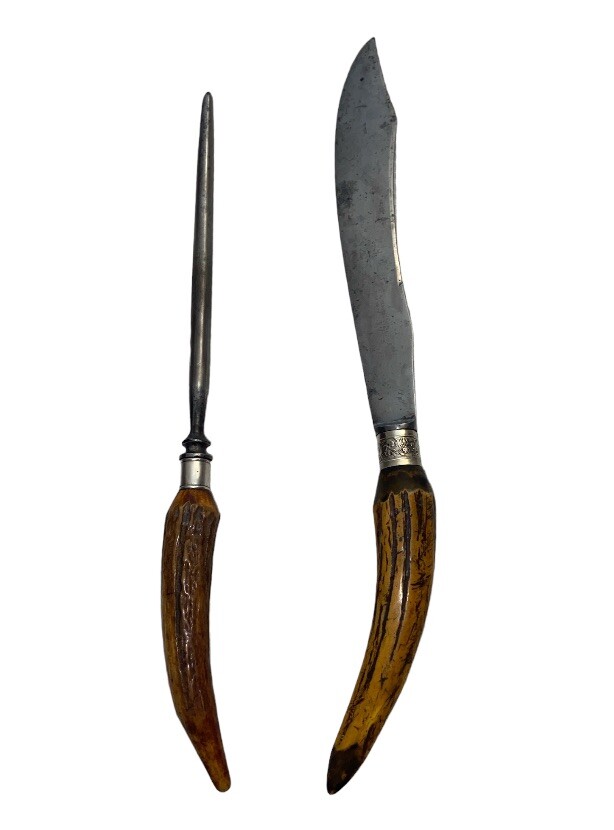 Antique Wm A Rogers Carving Set Knife Sharpener Stag Horn Sterling Silver Joints