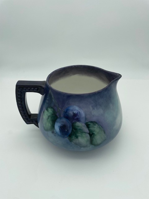 Antique JP Limoges Cider,Lemonade Pitcher: Hand-Painted Plum Design, Bead Handle