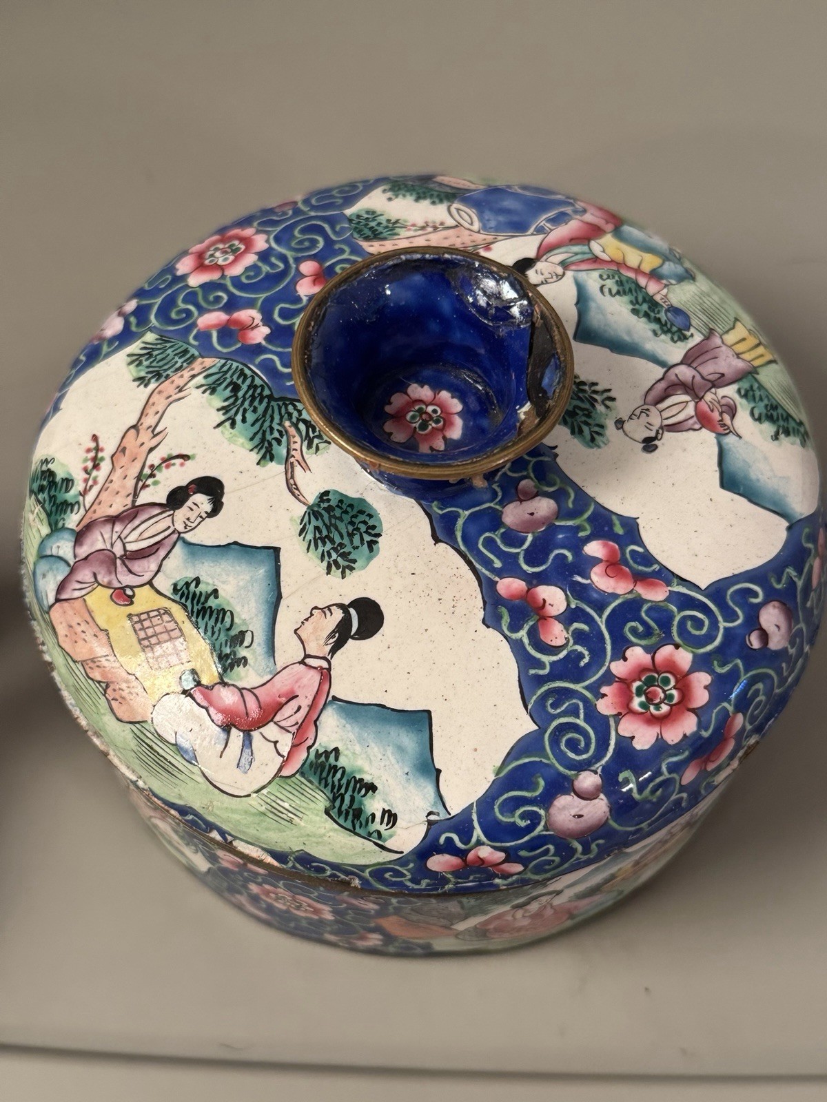 RARE ONE! Antique cloisonne Blue and Pink Floral Tin Style Box with Lid