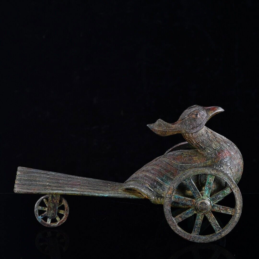 14.8” Ancient China Bronze gilt Ware Dynasty War bird drawn cart Sculpture