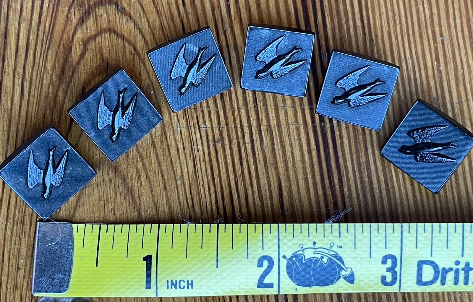 1850s Civil War Victorian Black Rubber Square Button Swallow in flight Goodyear