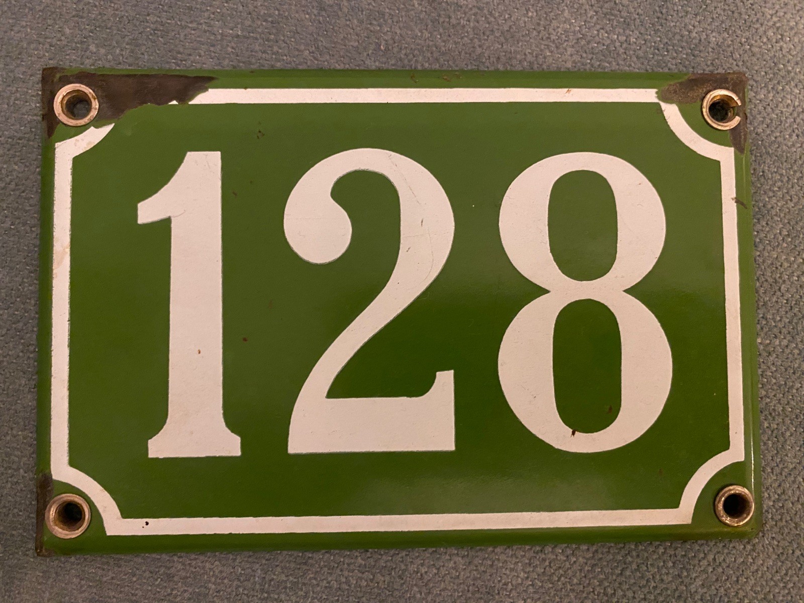 Vintage French No 128 green house number plate