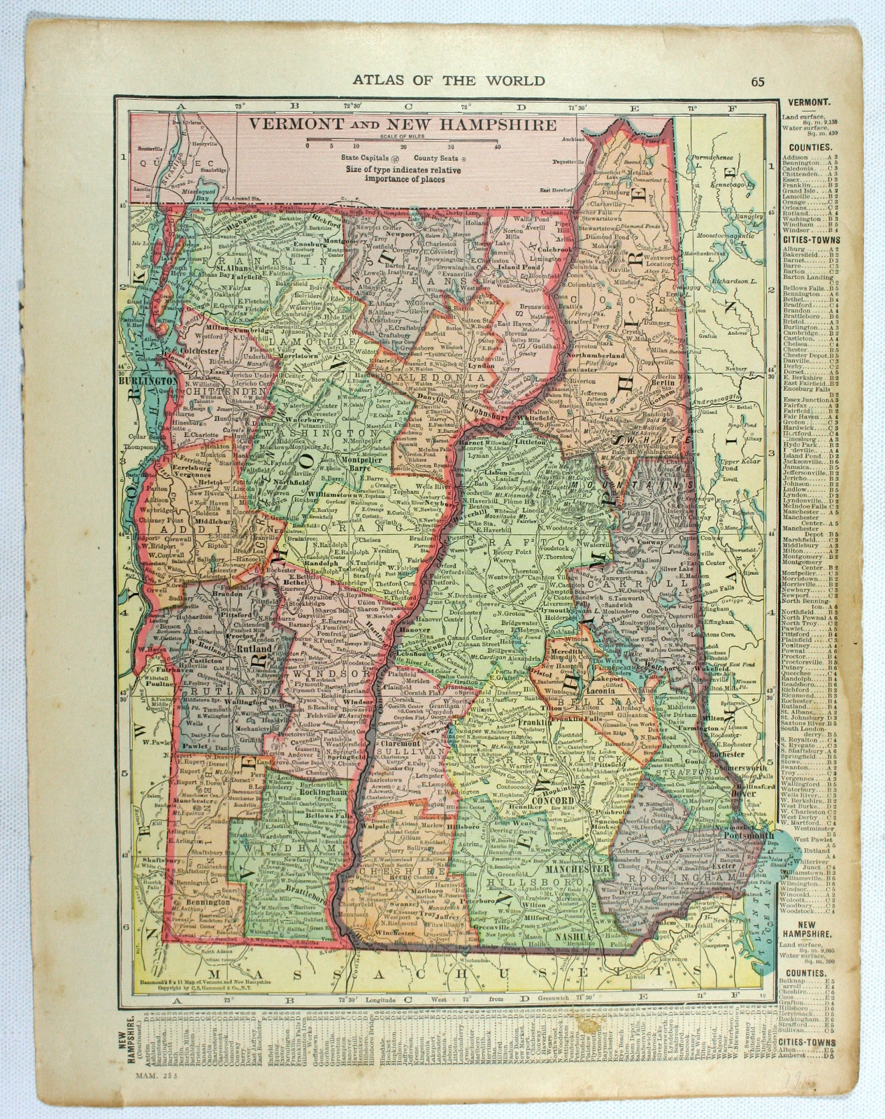 Vermont & New Hampshire Original C.S. Hammond Antique 1918 Indexed Engraved Map