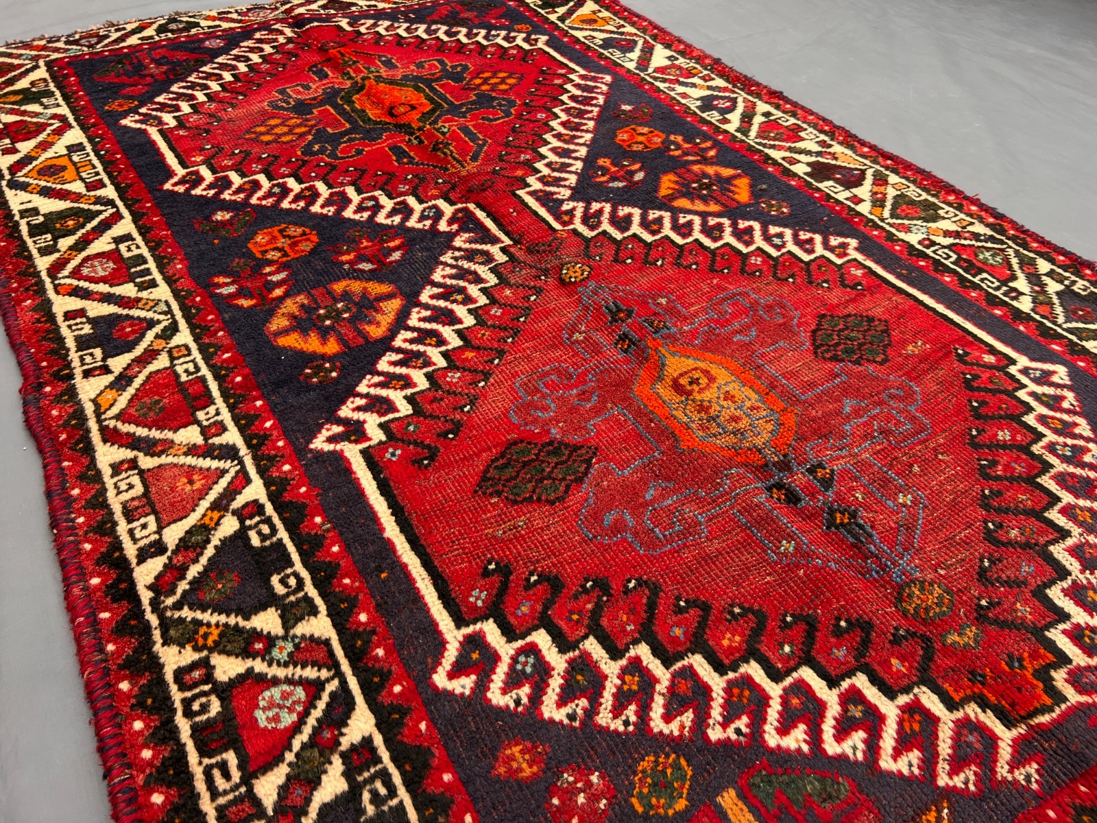 3’8×5’5 ft Vintage Afghan Baluchi Red & Navy Geometric Diamond Design Area Rug
