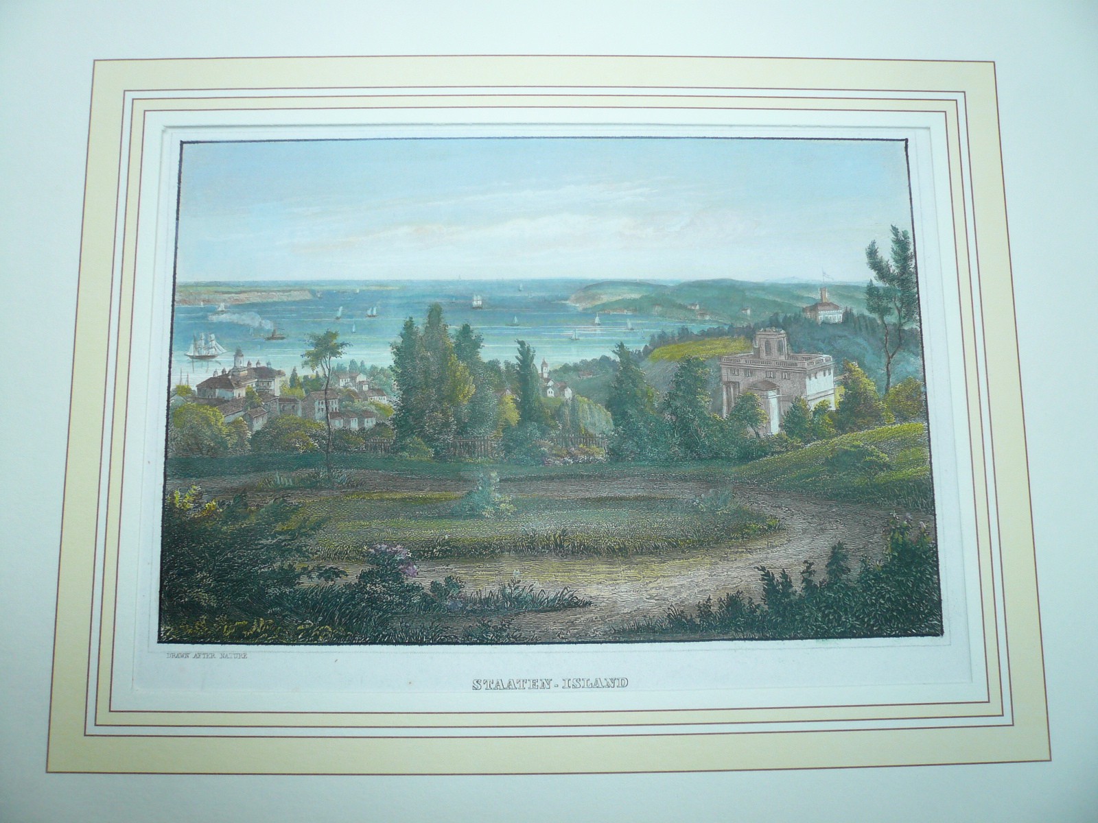 New York, Staten-Island anno 1850, steelengraving. Mounted behind passepartout.