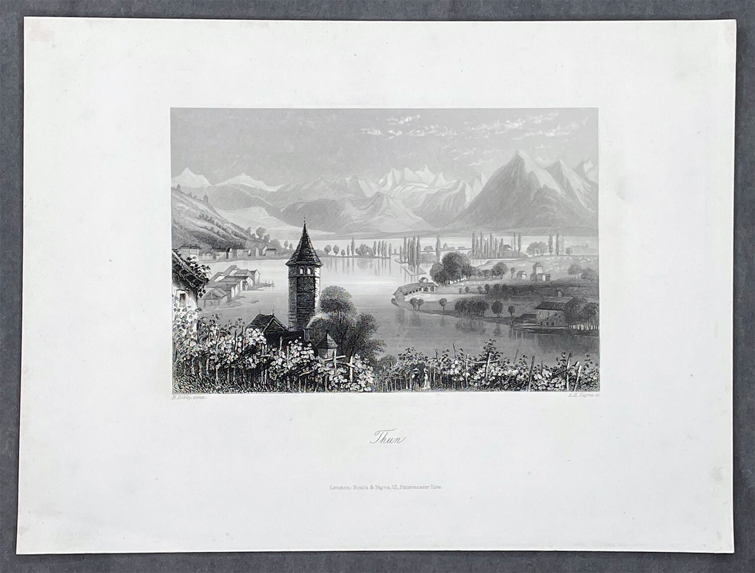 1845 A H Payne Antique Print View of Thun Canton of Bern Switzerland