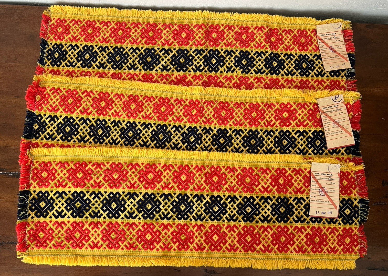 3 VINTAGE 1978 CEPELIA POLISH TAPESTRIES TABLE RUNNERS W TAGS! 24” x 8”