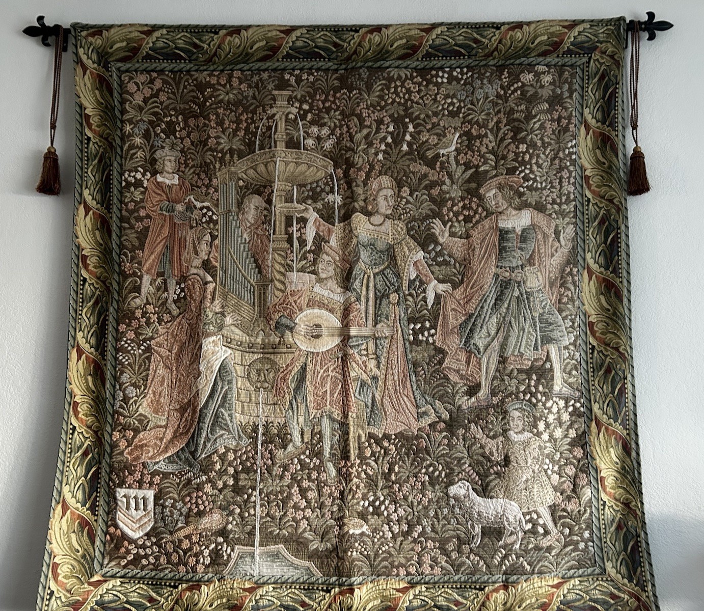 Vintage French Tapestry: Medieval Royal Procession, Millefleur Art (153by 160xm)