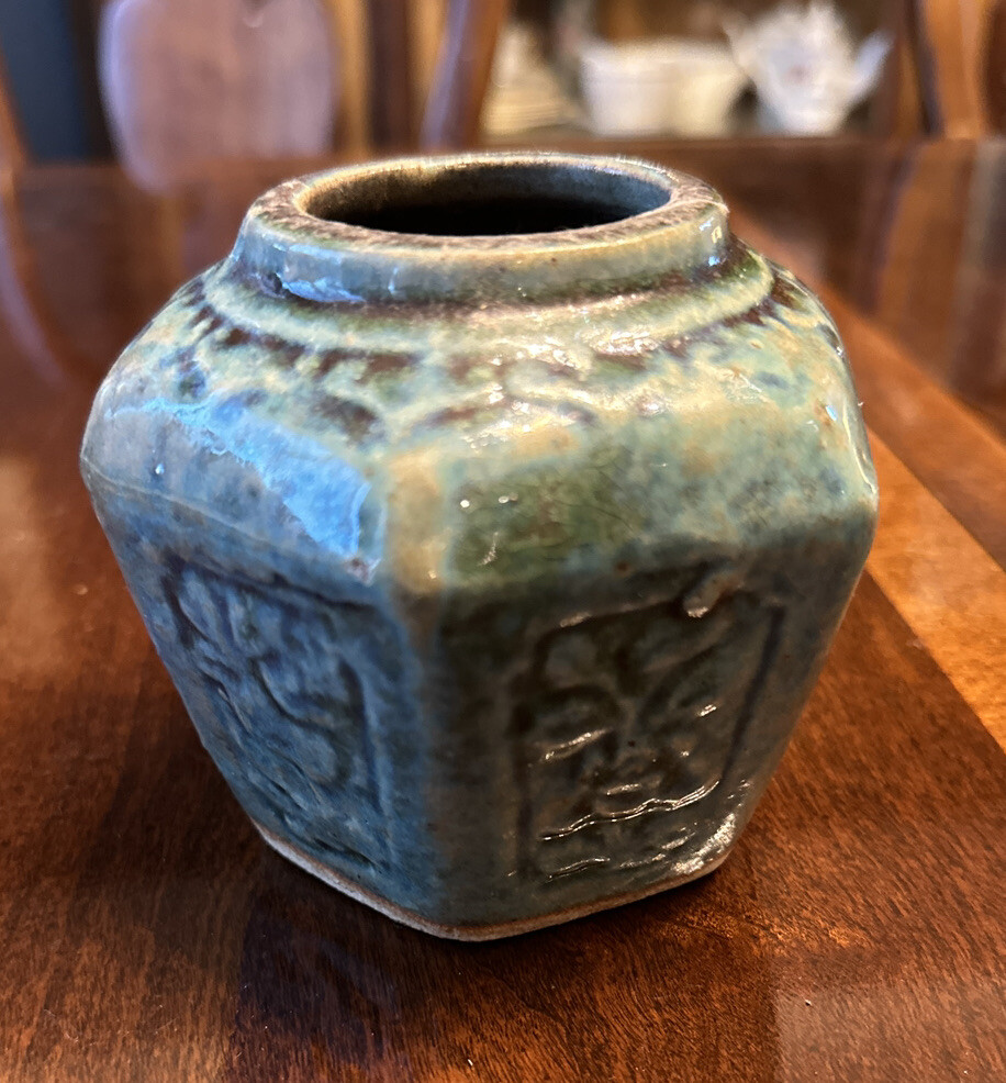 Antique Chinese Green Glazed Earthenware Pottery Hexagonal Ginger Jar
