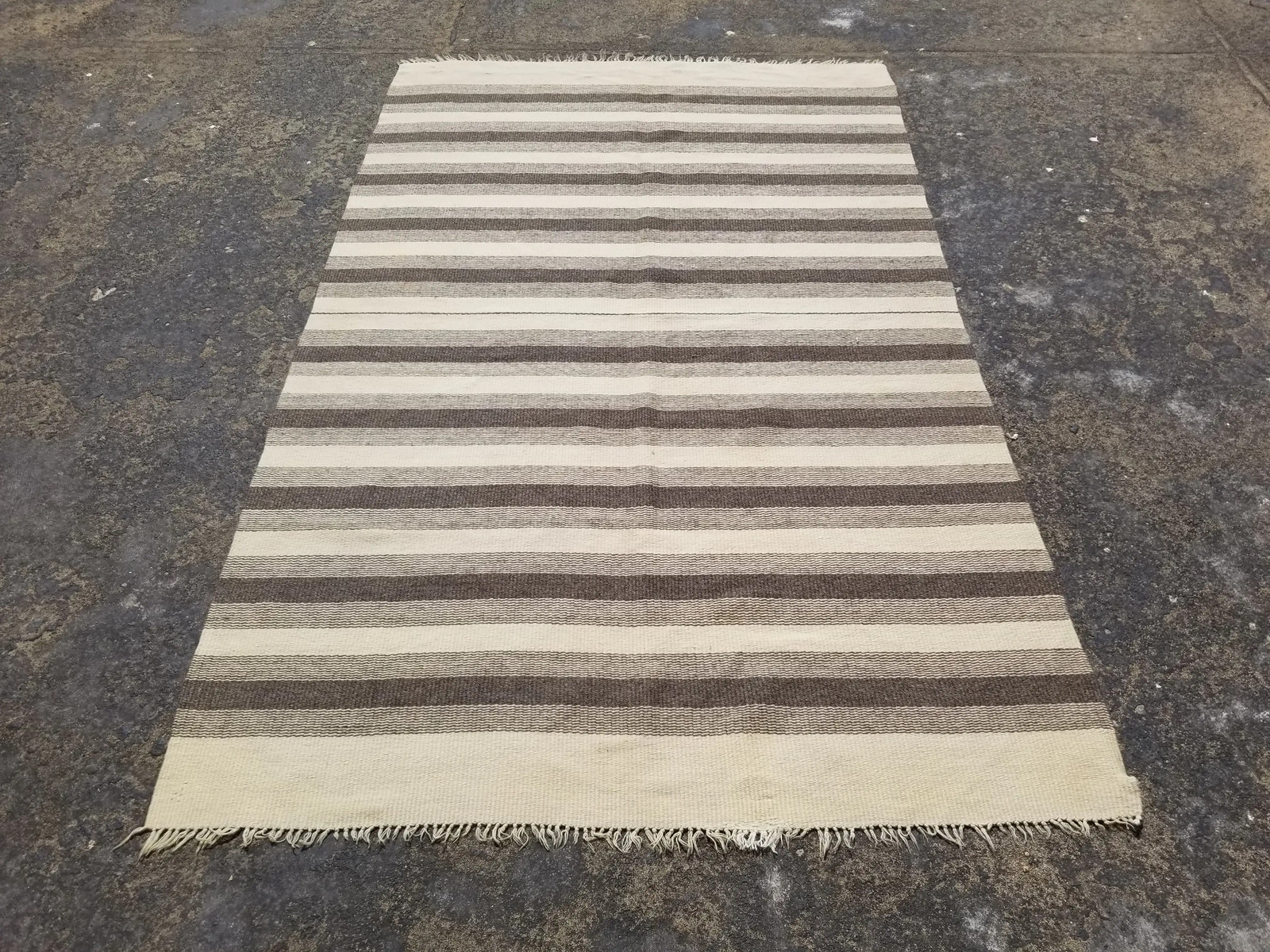 Vintage Traditional Handmade Turkish Striped Wool Beige & Brown Kilim 6.9×4.3ft