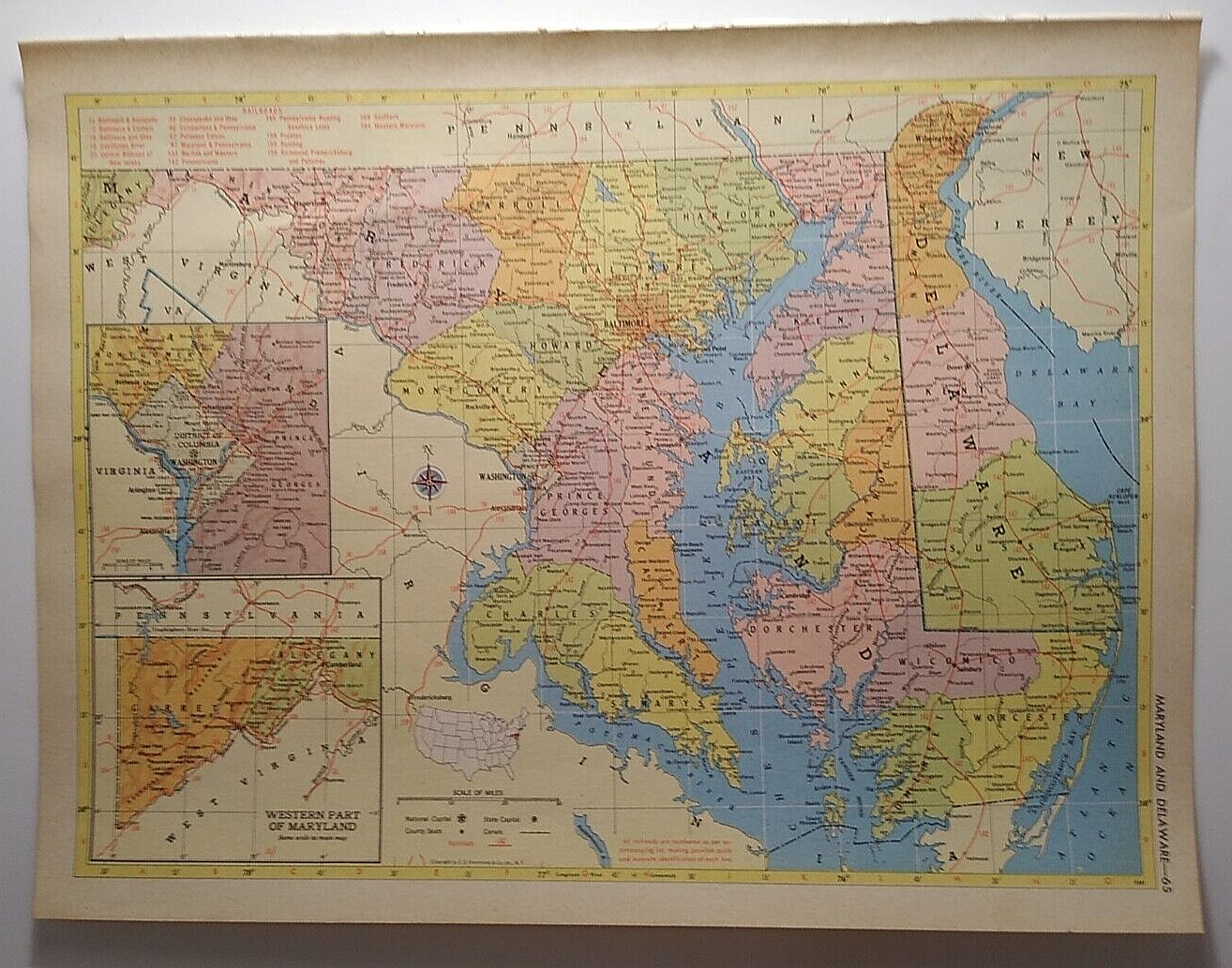 1955 Antique WASHINGTON DC, MARYLAND & DELAWARE Map – Hammond’s Supreme Atlas