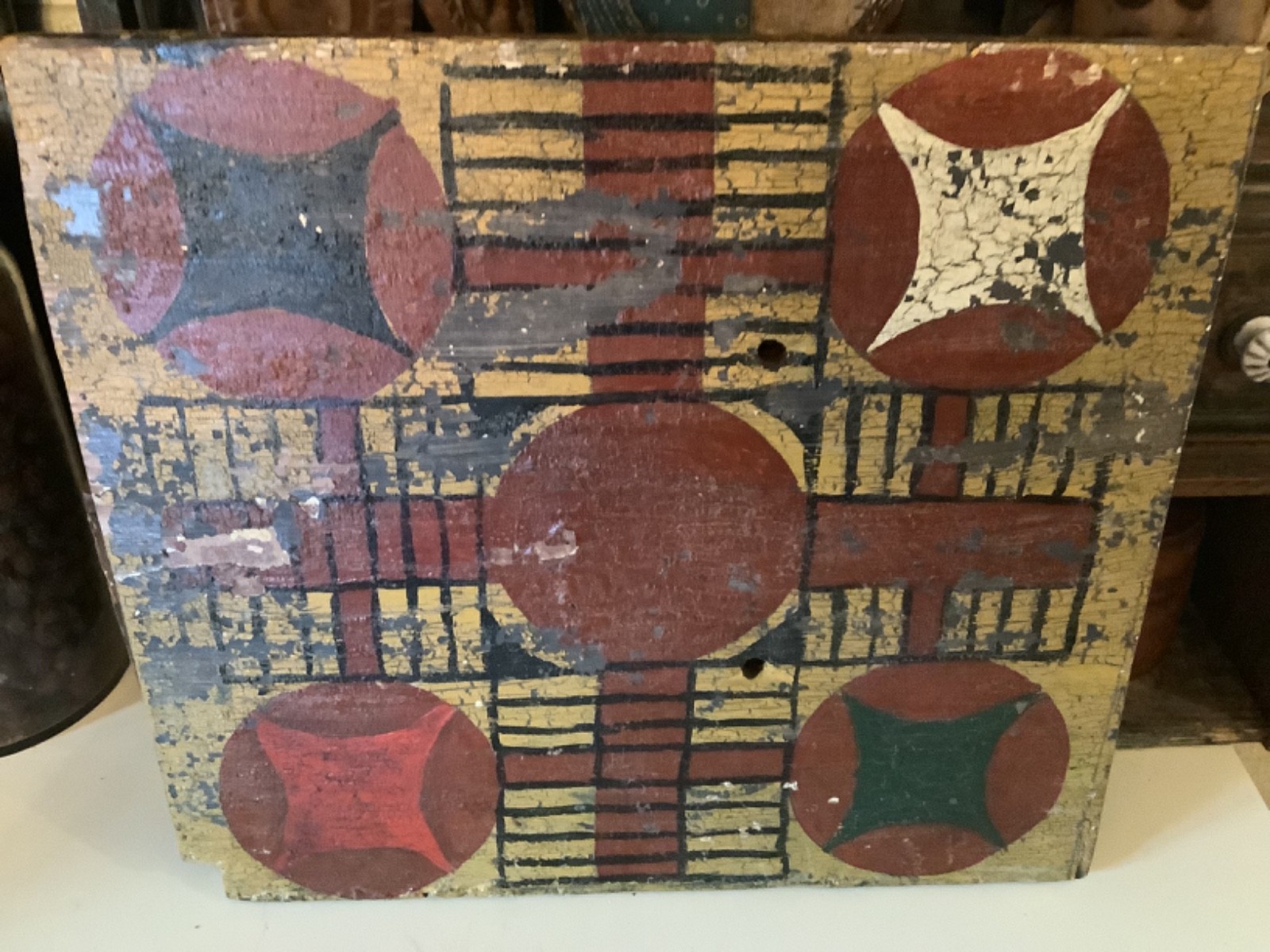 Antique Multicolored Polychrome Parcheesi Wooden Game Board