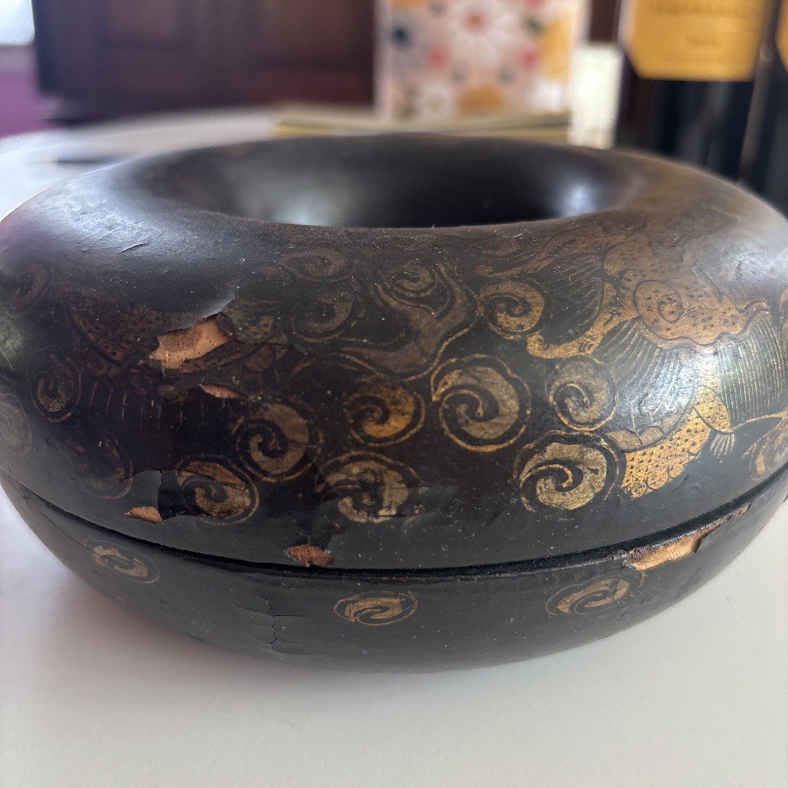 Antique CHINESE LACQUER Box ROUND NEEDS TLC Hand made Latches Hand Painted