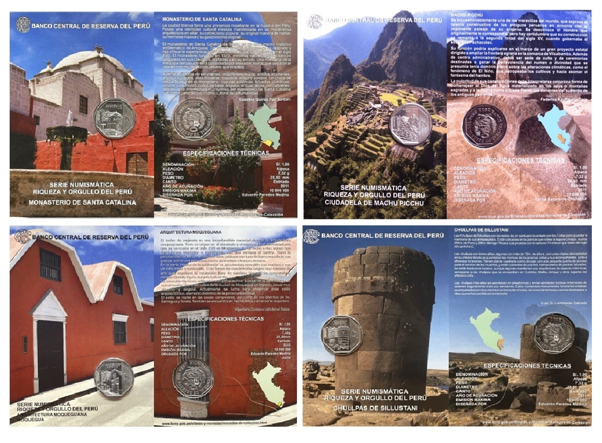 COIN PERU 1 SOL COLECCIÓN RIQUEZA Y ORGULLO DEL PERÚ X 4 COIN CARD UNC