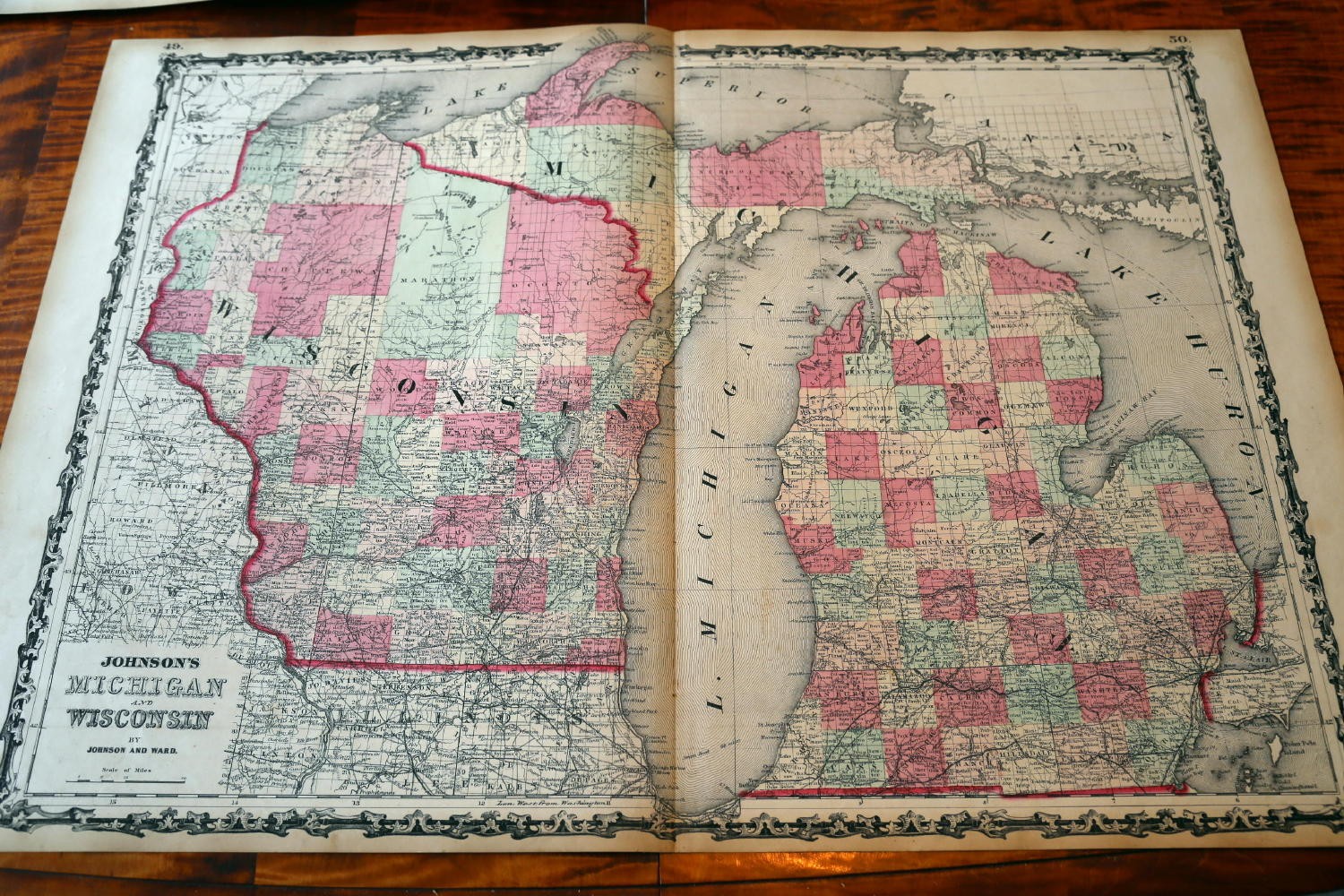 1863 JOHNSON’S ANTIQUE ATLAS MAP OF MICHIGAN-WISCONSIN-BEAUTIFUL HANDCOLORING