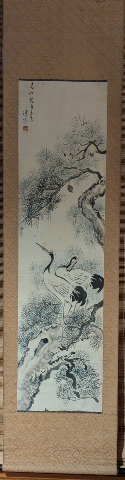 Large Vintage Chinese Scroll Painting Watercolor on Silk Floral and Bird Signed