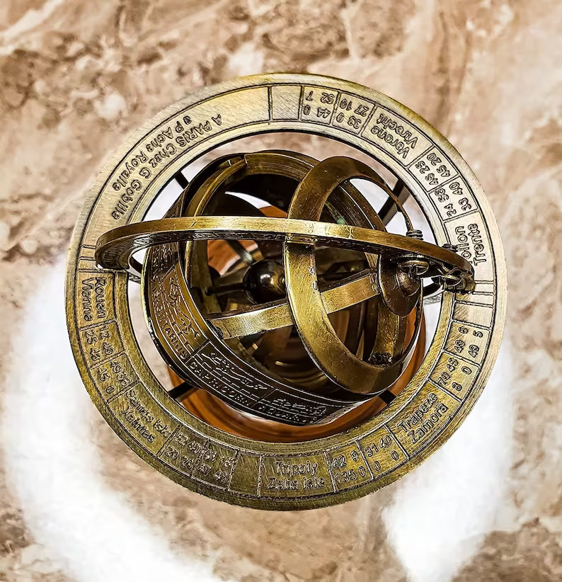 Brass Armillary Sphere Astrolabe Globe Round Wooden Base Office Home Décor Gift