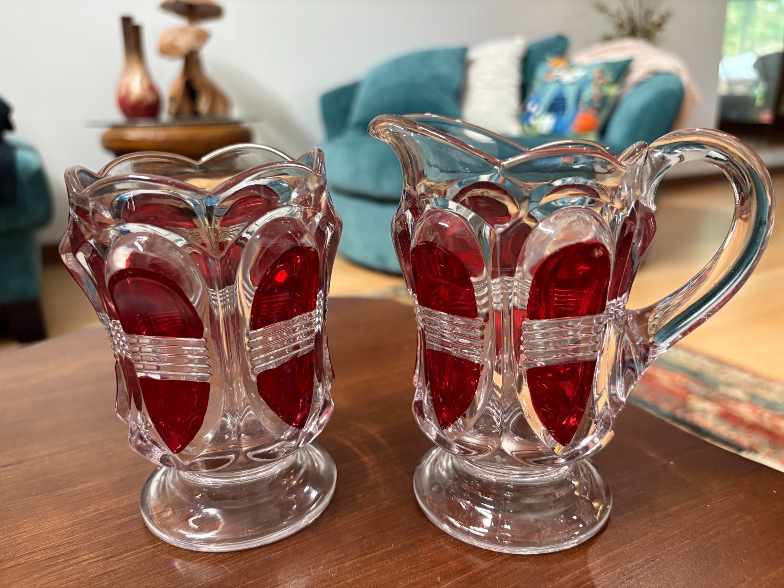 Antique Sugar Spooner Creamer Pitcher Ruby Red Thumbprint Art Deco Nouveau Set