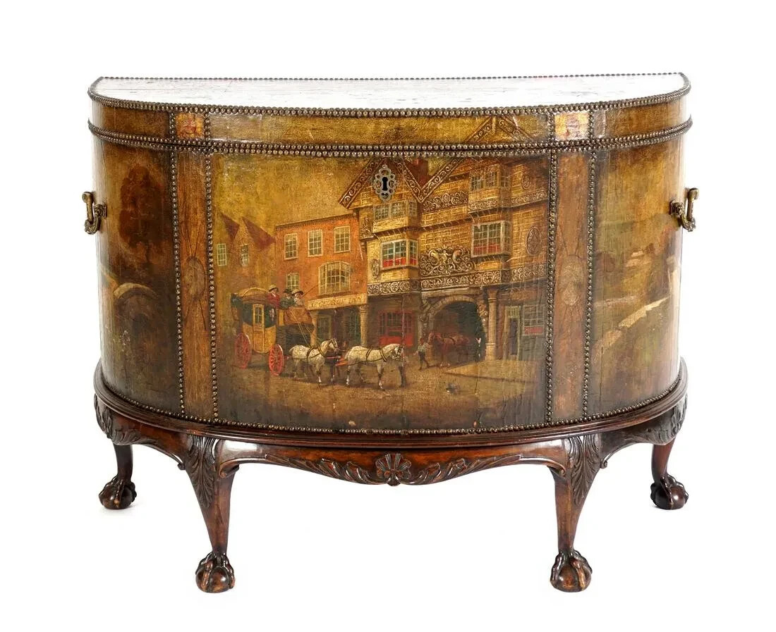 Antique Demilune Chest, Paint Decorated Scenes, Clad Leather, Brass Hand., 1800s
