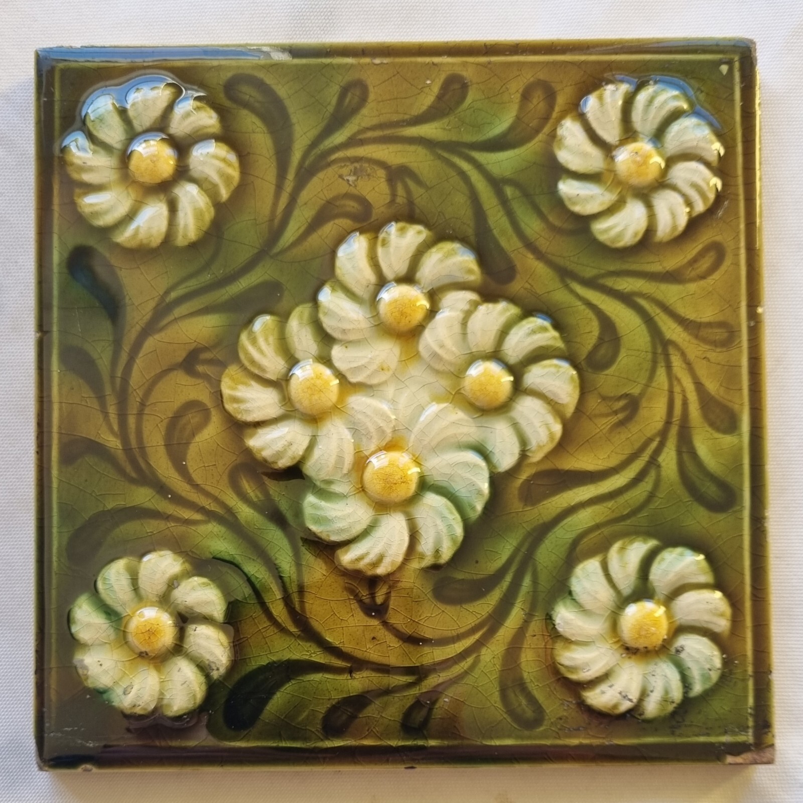 Arts & Crafts Tile. Hand Painted Moulded Majolica. Marsden Tile Co. C1900s
