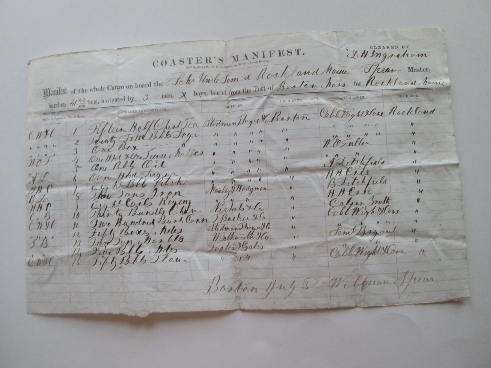 1867 COASTER’S MAIFEST, SCHOONER UNCLE SAM, ROCKLAND, MAINE. BOSTON TO ROCKLAND