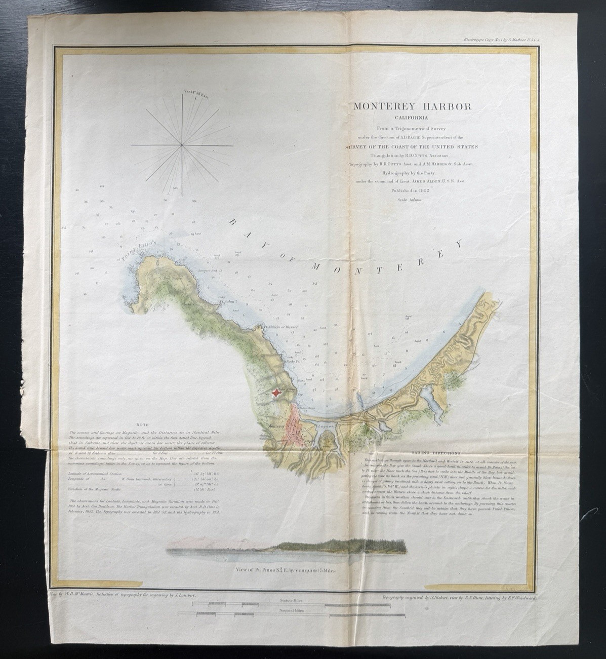 1852 Hand Colored US Coast Survey map Sketch Monterey Harbor California