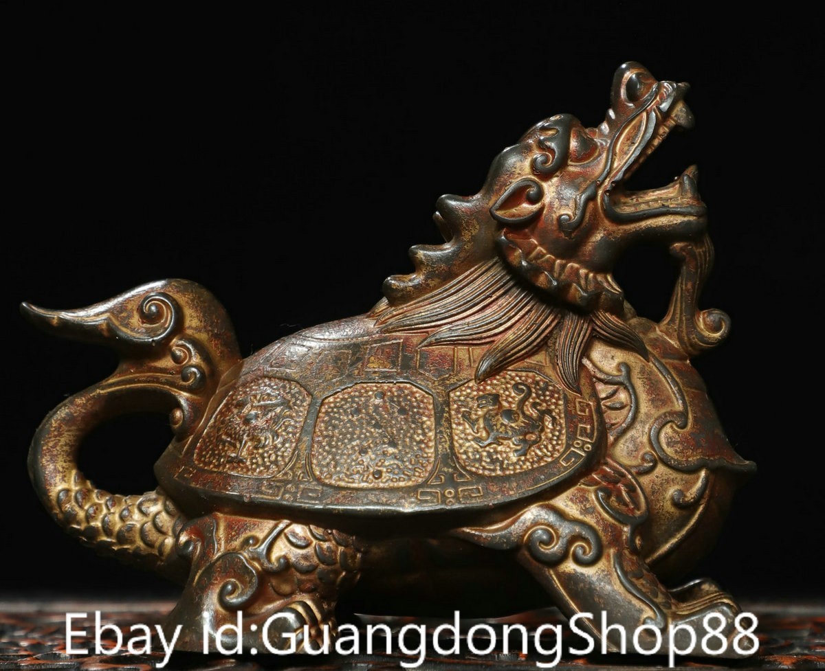 5.2″ Old Chinese Bronze Gilt Feng Shui Dragon Turtle Tortoise Beast Lucky Statue