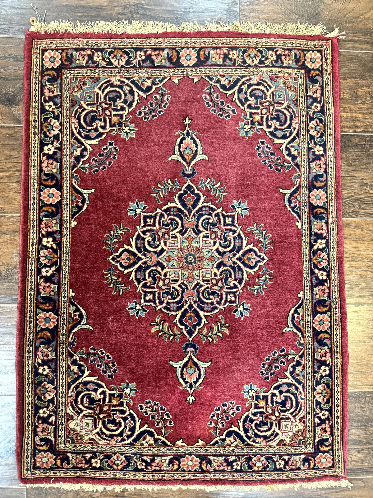 Small Per’sian Rug 2×3 Red Navy Blue Handmade Vintage Carpet Semi Open Field