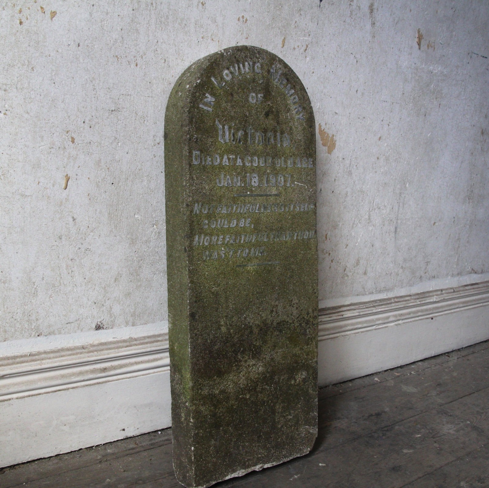 Antique large carved stone pet gravestone, dated 1907, gothic, unusual macabre