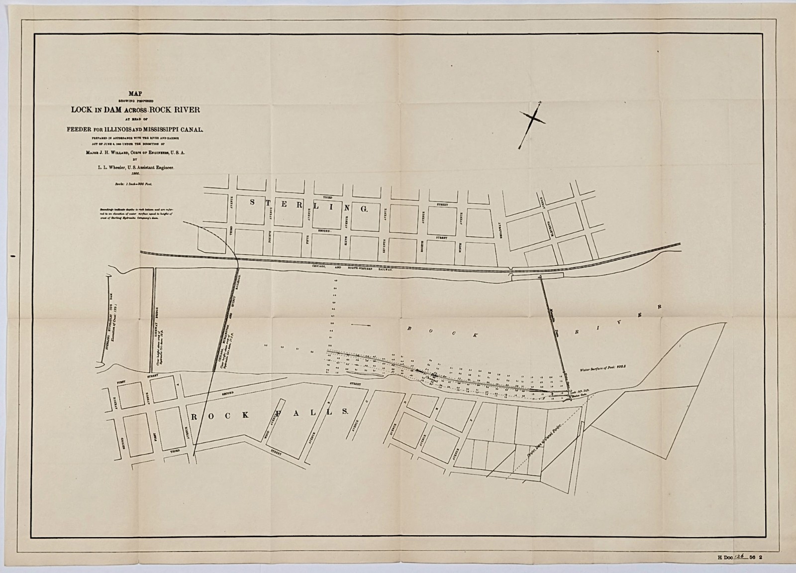 1900 Sterling & Rock Falls Illinois Map ORIGINAL Lock and Dam Proposal