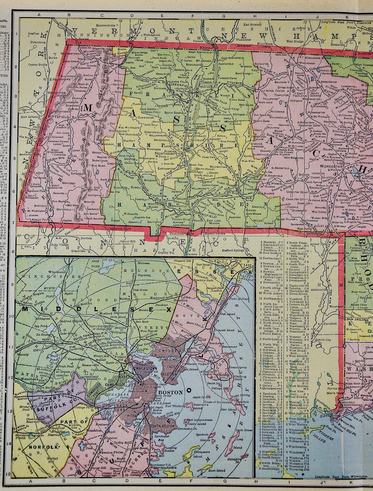 c 1899 Cram Map Massachusetts & Rhode Island Boston Plan Providence Cape Cod MA